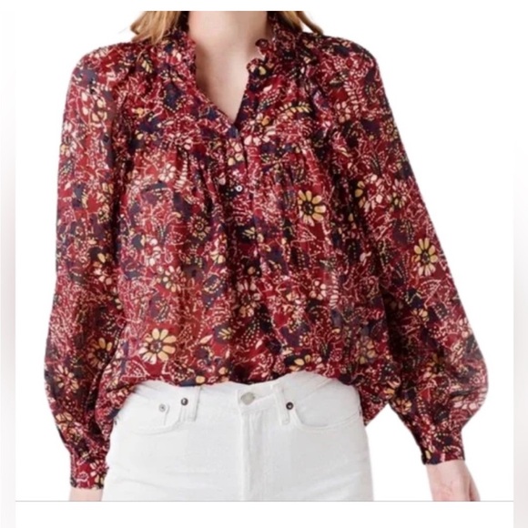 ba&sh Tops - ba&sh Gaelle Sheer Floral Red Yellow Long Sleeve Mock Neck Blouse Size Medium